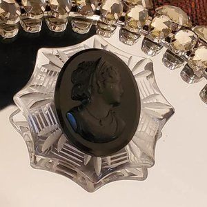 Antique Black Bakelite Carved Lucite Cameo Brooch